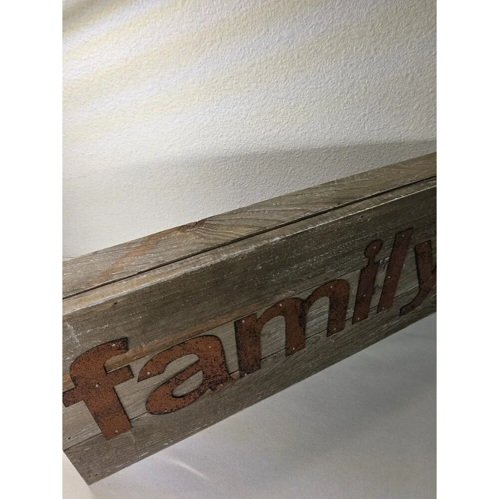 Farmhouse Wood & Metal Family Sign Distressed Country Wall Decor Shelf Sitter